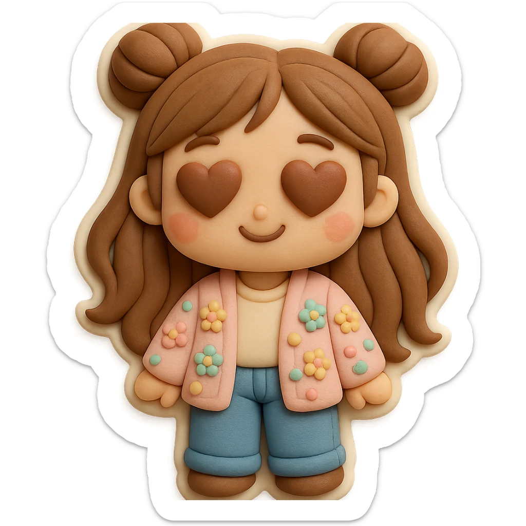 3D chibi girl fondant cake art style, high-quality rendering with smooth shadows and soft gradients, long brown hair in two space buns, brown eyes, jeans, pastel floral cardigan, thick white outline like a sticker, transparent background, in love with hearts in her eyes, preserve facial features from reference image sticker