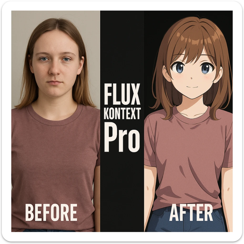 create before after image of a girl before is realsitic photo, after is anime version of her in same pose and clothes, add logo with text of a "FLUX Kontext Pro" in middle in big, black background sticker