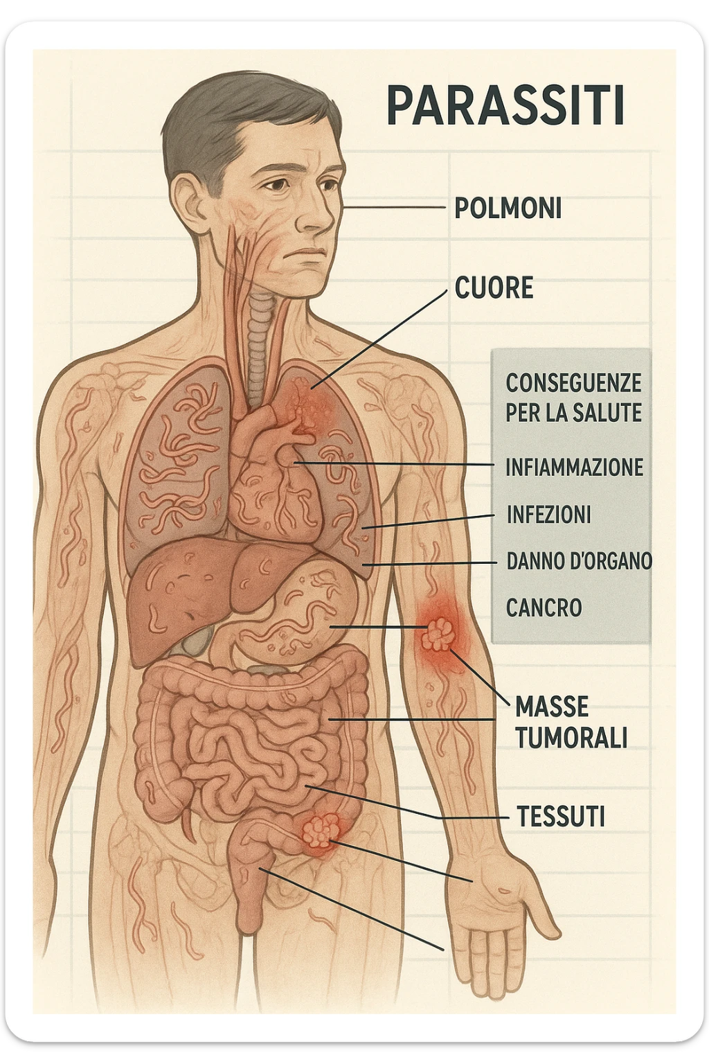 a semi-transparent view of a man’s body reveals numerous parasitic organisms inside his organs and tissues. Some areas are highlighted with red or inflamed zones, and small tumor-like masses are visible where the parasites cluster. The background is clinical and educational, with labels pointing to affected organs and a sidebar showing the health consequences. scritto in italiano sticker