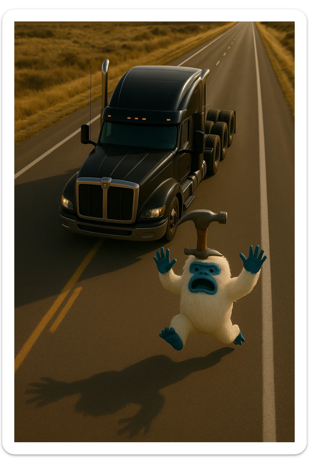 Add a hammer on top of the abominable snowman's head, keep the scene realistic, top-down view, no text. sticker