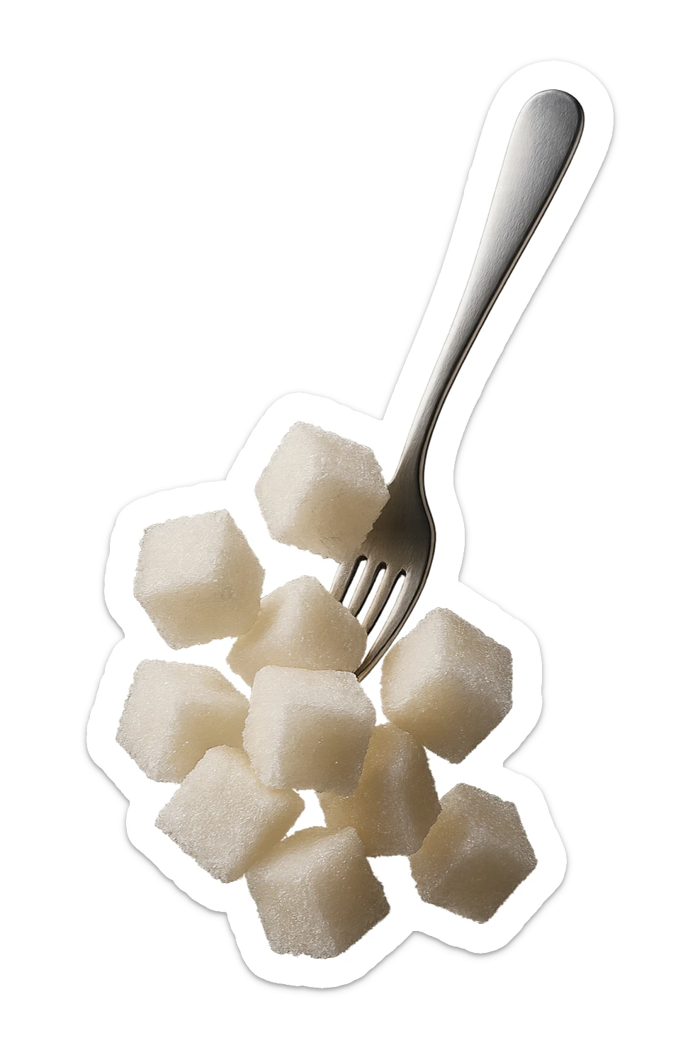 monagna di zollette di zucchero con una forchetta appizzata sopra, fluttuano in aria, iperrealistico 4k sticker