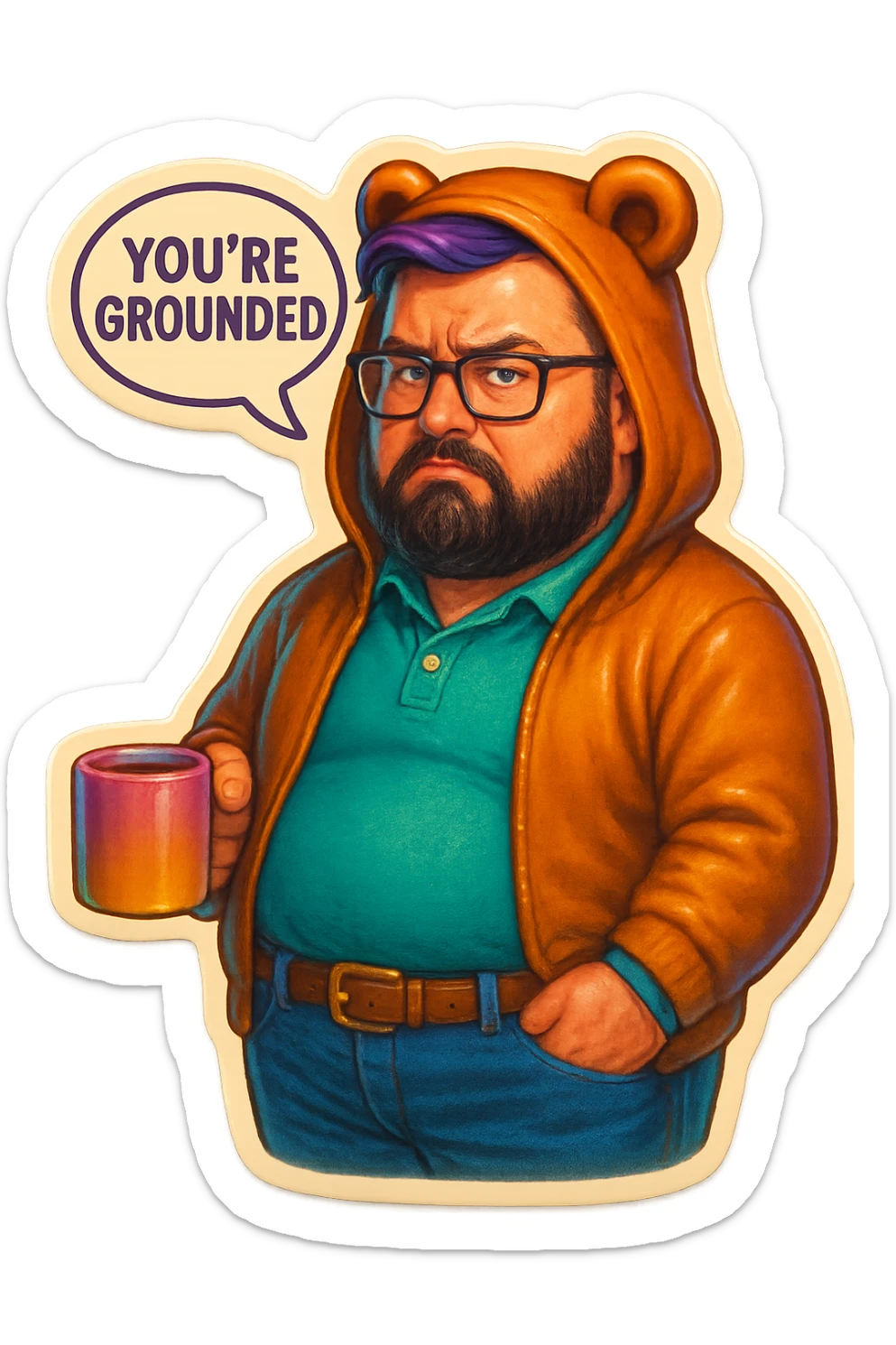 A realism art illustration art style of a plus-sizes man with purple to green ombre streak, black beard, blue eye, glasses, wearing a bear hoodie with ears,  dressed like a dad, holding a coffee mug, You’re grounded speech bubble, frowning  sticker