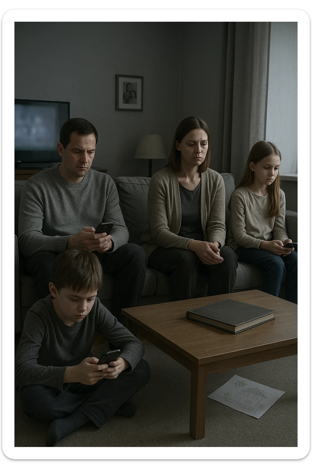 Famiglia composta da padre, madre e uno o due figli seduti nello stesso ambiente domestico (salotto o tavola da pranzo), ma ciascuno è assorto nei propri pensieri, con espressioni spente e distaccate. Nessuno si guarda o sorride. I colori dell’ambiente sono freddi e grigi, la luce è debole. Intorno a loro, simboli di disconnessione: telefoni in mano, TV accesa ma ignorata, silenzio. L’atmosfera è visivamente carente di calore emotivo. Nessun contatto fisico, postura rigida. Un dettaglio visivo come un album di foto chiuso sul tavolo o un disegno dei figli dimenticato sul pavimento accentua la mancanza di dolcezza e unione sticker