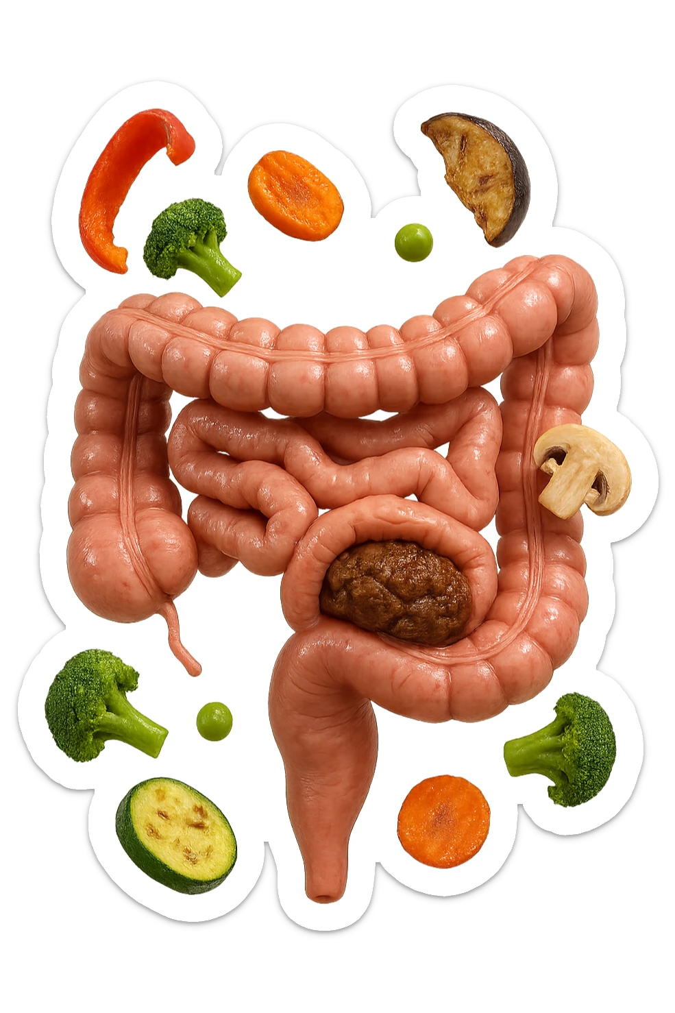 VERDURE COTTE FLUTTUANO IN ARIA INSIEME AD UN INTESTINO CON FECI BLOCCATE NEL COLON, iperrealistica 4k sticker