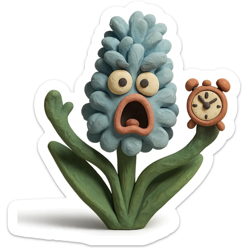 pastel blue hyacinth flower with alarmed eyes and a screaming mouth, waving a tiny alarm clock, fluffy and round, claymation style sticker