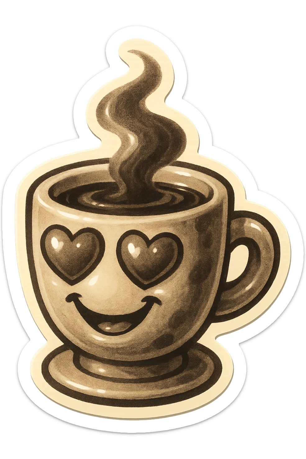 Ink wash style, coffee cup creature, big heart eyes, dopey smile sticker