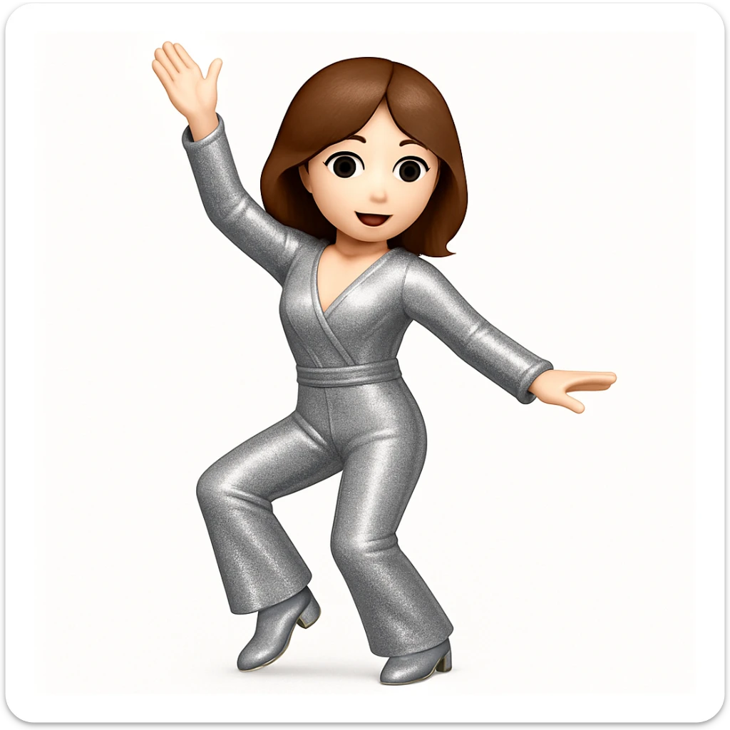 Make the woman do the exact pose of the 🕺🏻 emoji (one arm up, one arm out, one leg bent), keep white skin, brown hair, sparkly jumpsuit, emoji style sticker