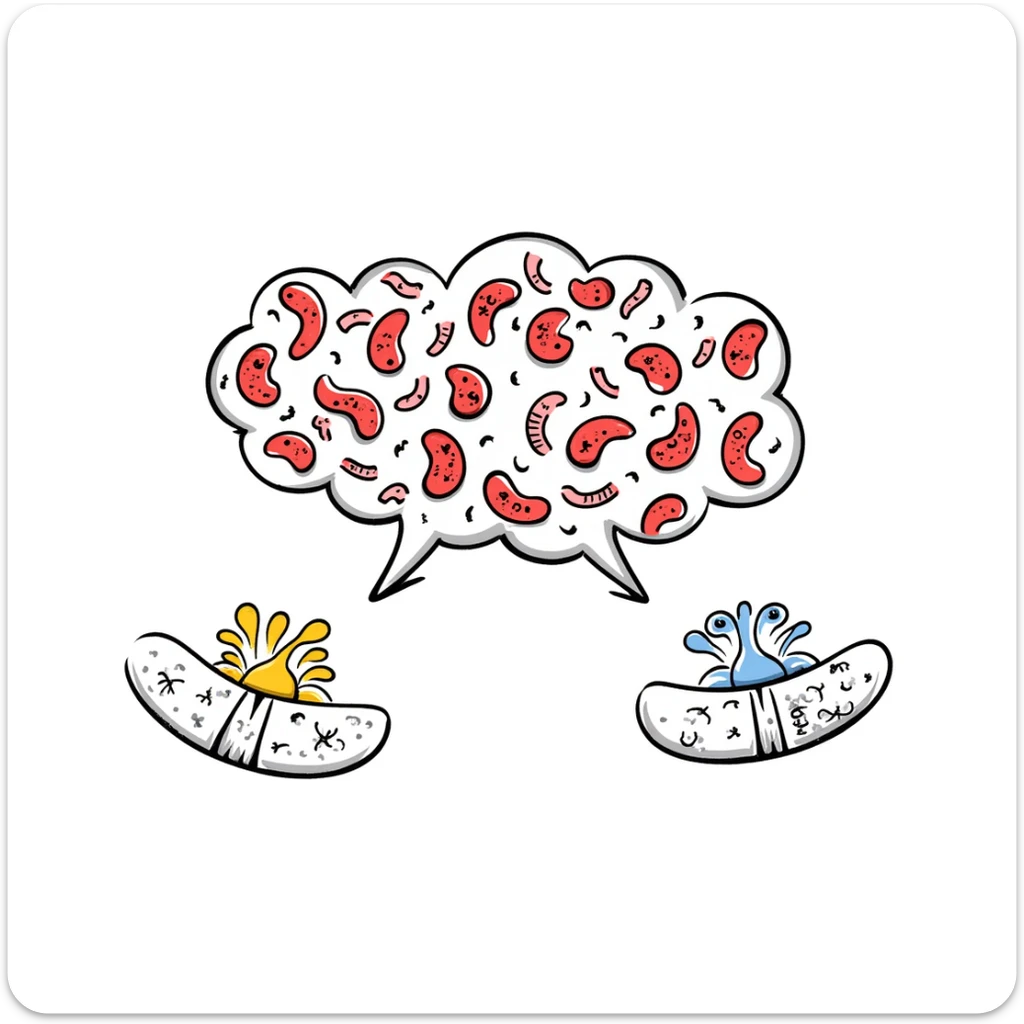 Anatomical diagram of antimicrobial mechanism: red bacteria with labeled parts (cell wall, membrane, DNA) surrounded by yellow antibiotic molecules and blue antimicrobial peptides breaking through cell structures. Hand-drawn scientific illustration with detailed cross-section view. sticker