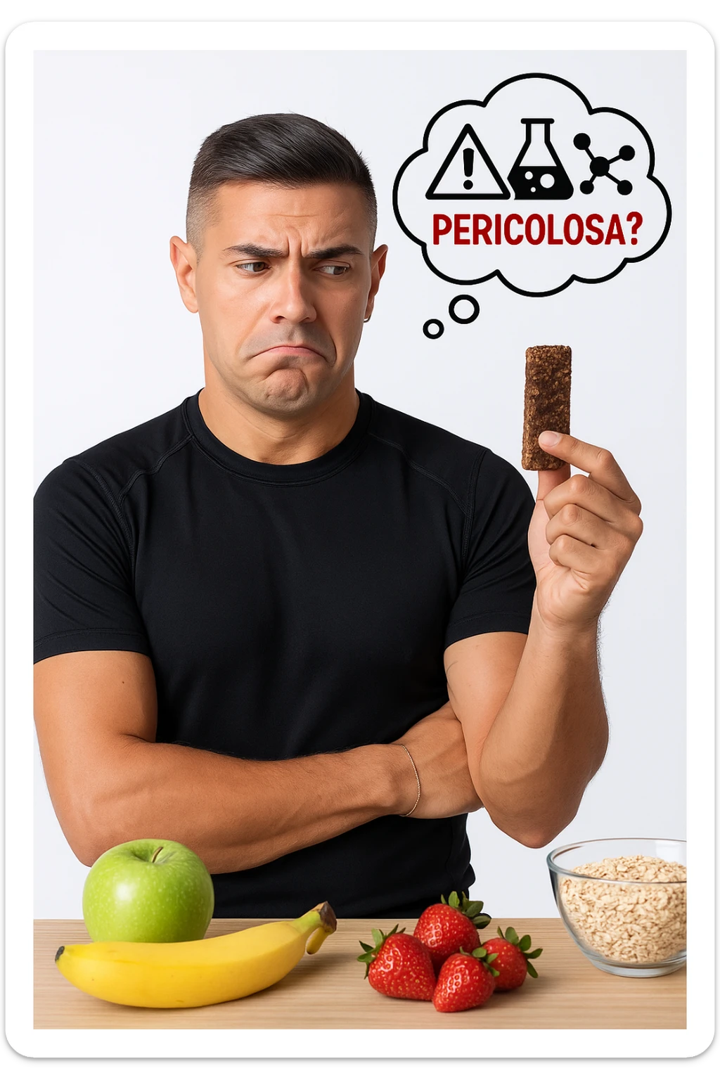 un uomo in abbigliamento sportivo tiene in mano una barretta proteica, osservandola con un’espressione scettica e preoccupata. Sopra la barretta, una nuvoletta di pensiero mostra simboli di allarme, ingredienti chimici e la scritta “Pericolosa?” in rosso. Sullo sfondo, frutta fresca e altri snack naturali sono visibili sul tavolo, sottolineando la sua preferenza per alternative più sane. sticker