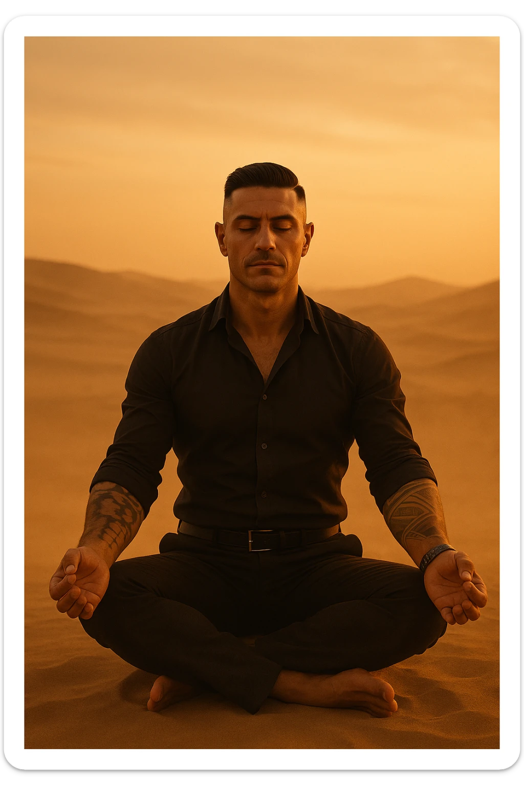 Man meditating alone in the desert at golden hour, sitting in a calm but grounded posture, radiating calm and powerful masculine energy. Minimalist surroundings, soft wind, dust in the air. Peaceful expression, symbolic of self-mastery and inner strength. Cinematic style. sticker