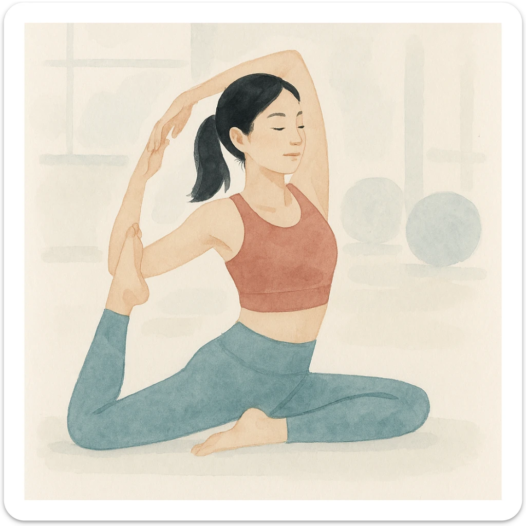 Asian woman in a yoga pose, energetic, wearing fitness attire, gym background, in watercolor art style. sticker