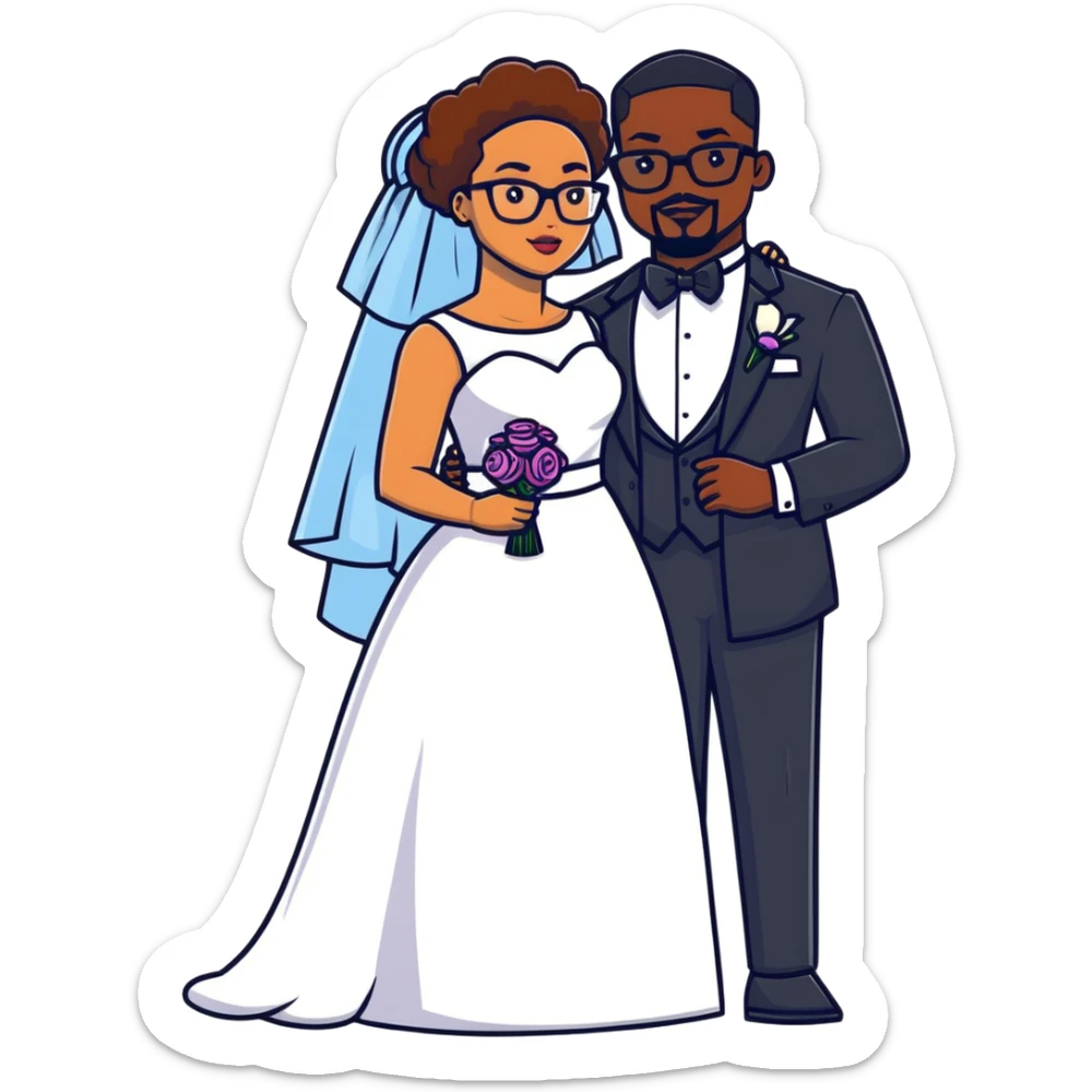 light-skinned African American woman with glasses in a wedding dress and light-skinned man with a black goatee in a tuxedo sticker