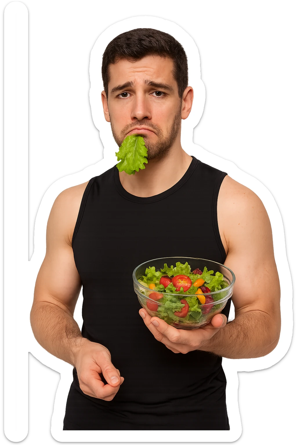 uomo fitness cON INSALATA IN MANO E FOGLIA DI INSALATA IN BOCCA, ESPRESSIONE TRISTE sticker