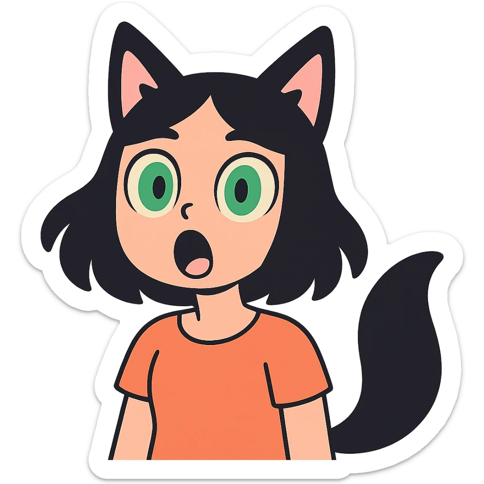 a surprised girl with huge green eyes, black fox ears, and a tail, dark hair sticker