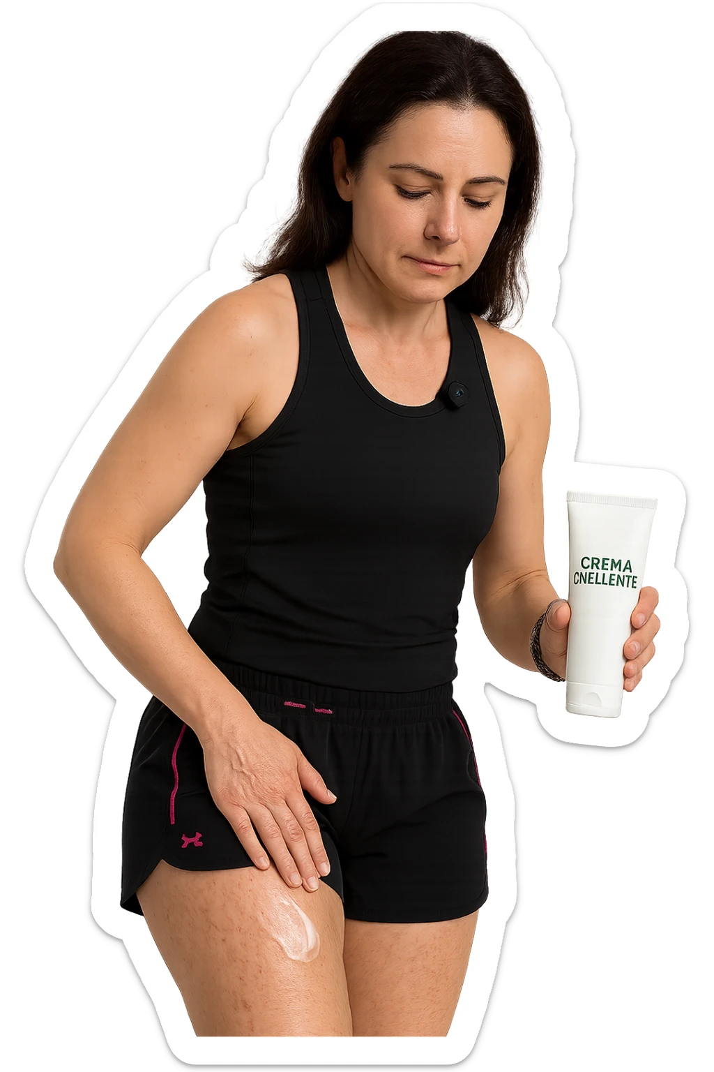 Donna con cellulite sulle cosce che usa una crema chiamata "Crema snellente" senza mano in alto sticker