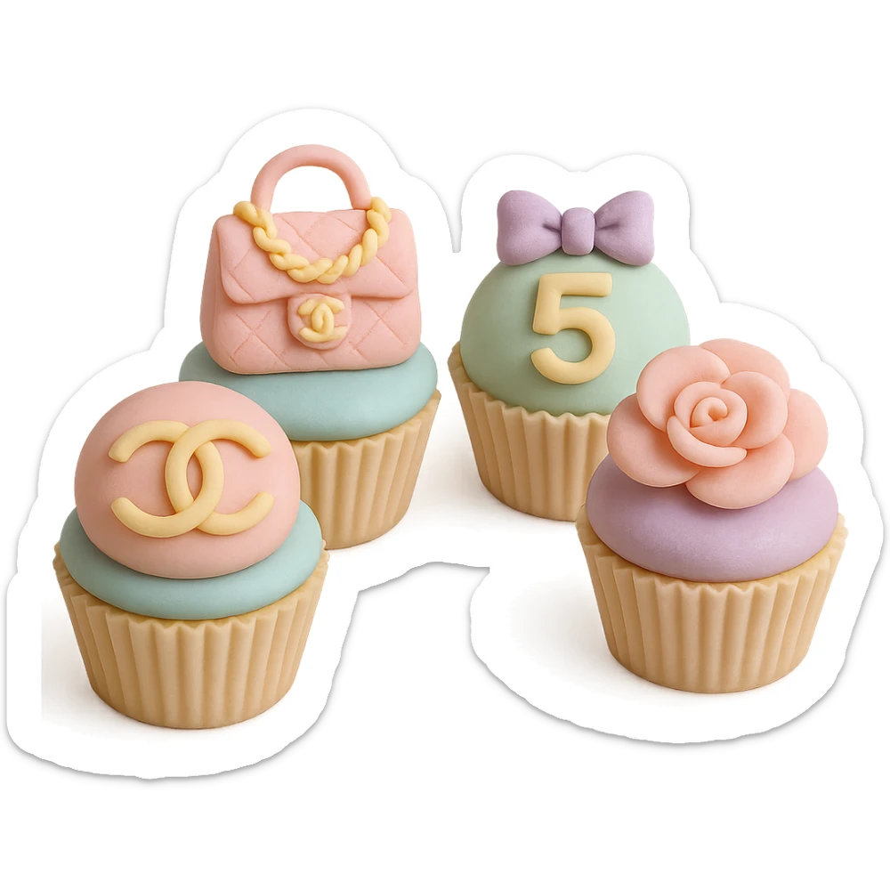 pastel rainbow Chanel cupcake set, each with a different logo or accessory sticker