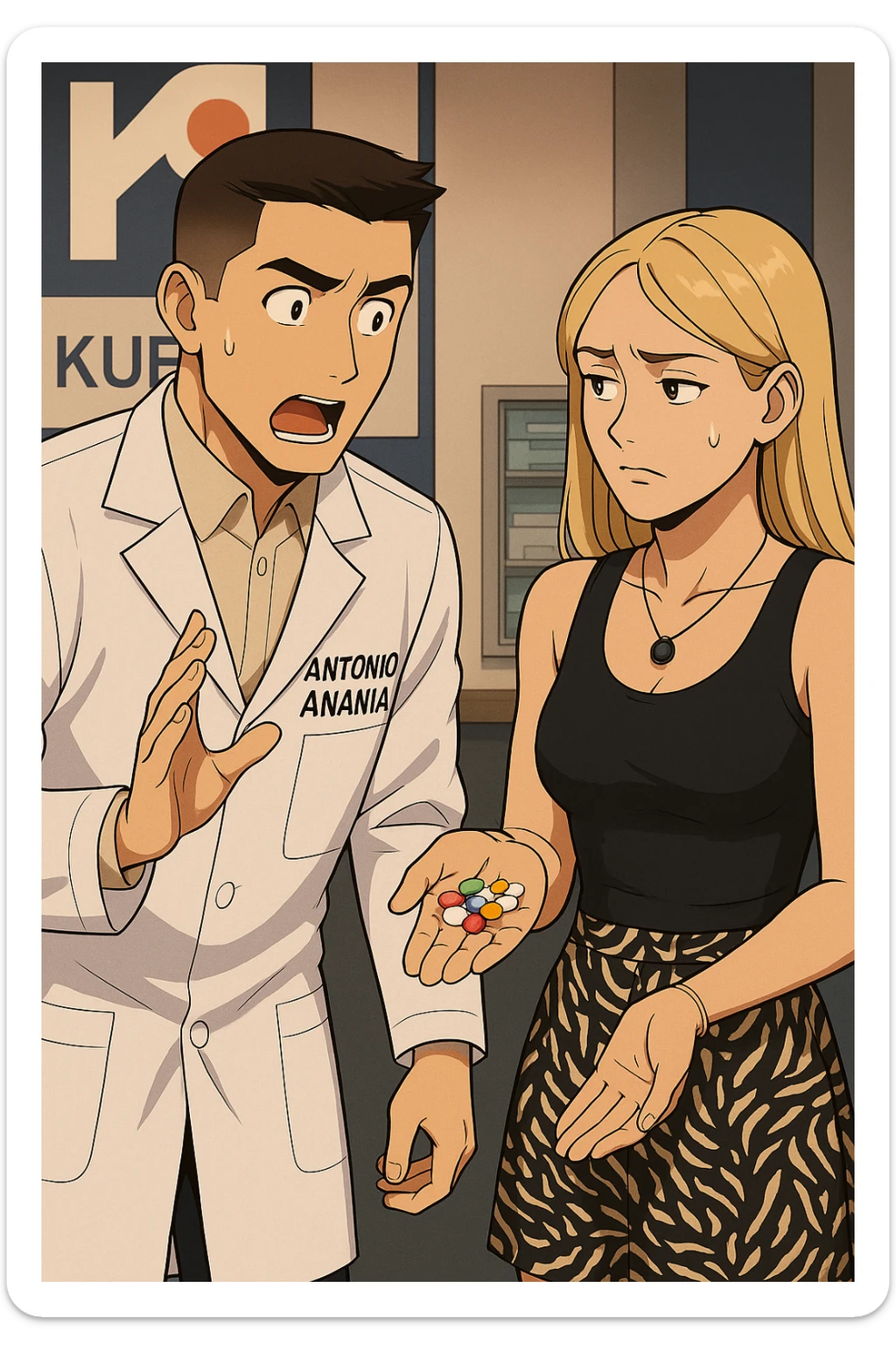 fai un webtoon/manga a colori con questo kinesiologo in camice bianco (fagli la scritta "ANTONIO ANANIA" SUL CAMICE) CHE PARLA CON QUESTA RAGAZZA. LA RAGAZZA HA UN PUGNO DI INTEGRATORI IN MANO (TANTE PILLOLE DIVERSE) E LE GUARDA DUBBIOSA. IL KINESIOLOGO CON IL CAMICE BIANCO LE DOMANDA UNA COSA SCIOCCATO. NON FARE I FUMETTI, FAI SOLO LORO COME SE DIALOGASSERO sticker