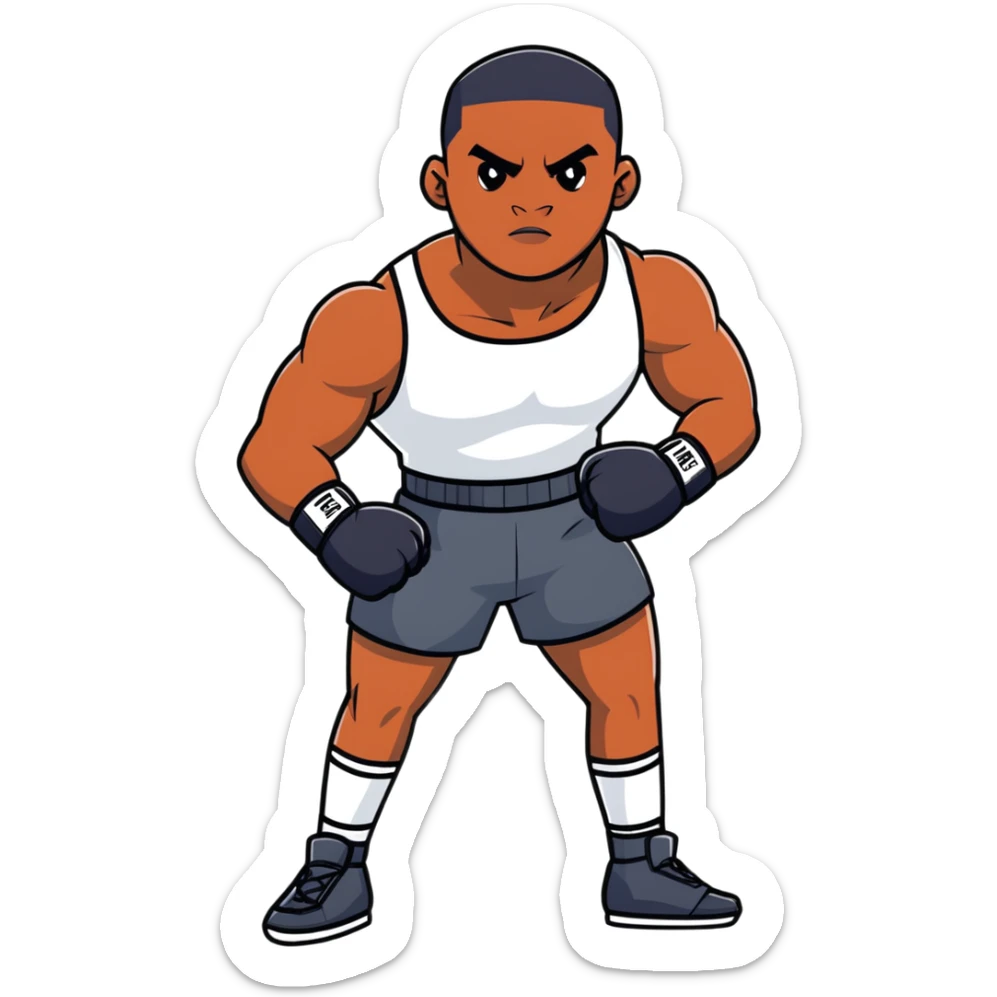 Passport photo portrait of a young 19-year-old Black male boxer, formal front-facing pose, neutral background, athletic build sticker