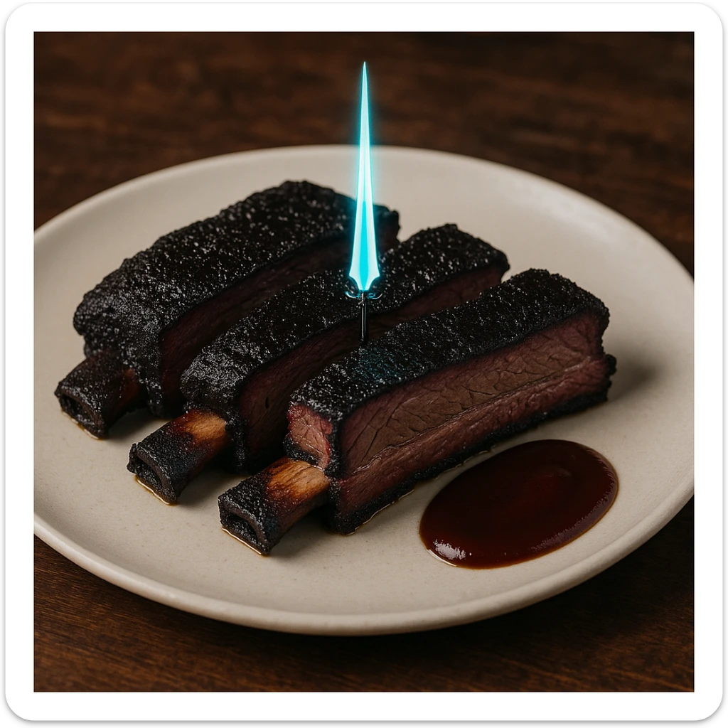 a delicious plate of smoked ribs, the color of the meat is succulent dark blackish purple, the 5 Michelin star dish is plated with a tiny energy sword piercing the center sticker