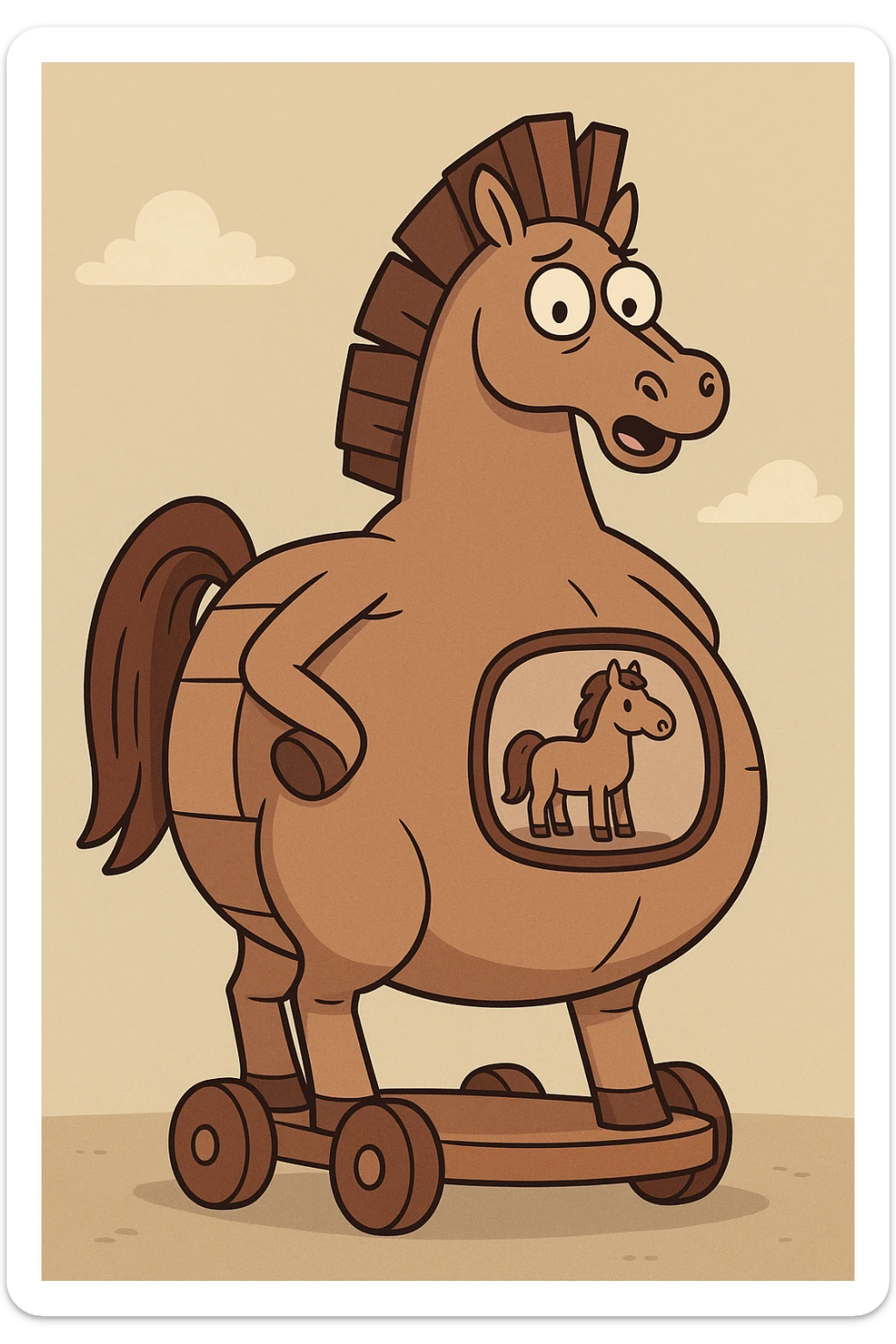 humorous cartoon of a pregnant trojan horse with a round belly and a small window showing a mini horse inside the belly, clear and funny sticker