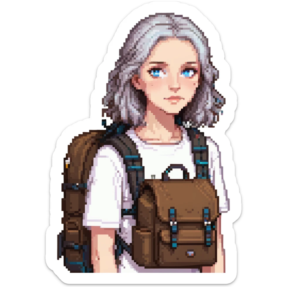 white woman park ranger with blue eyes, brown and gray hair, wearing a backpack sticker