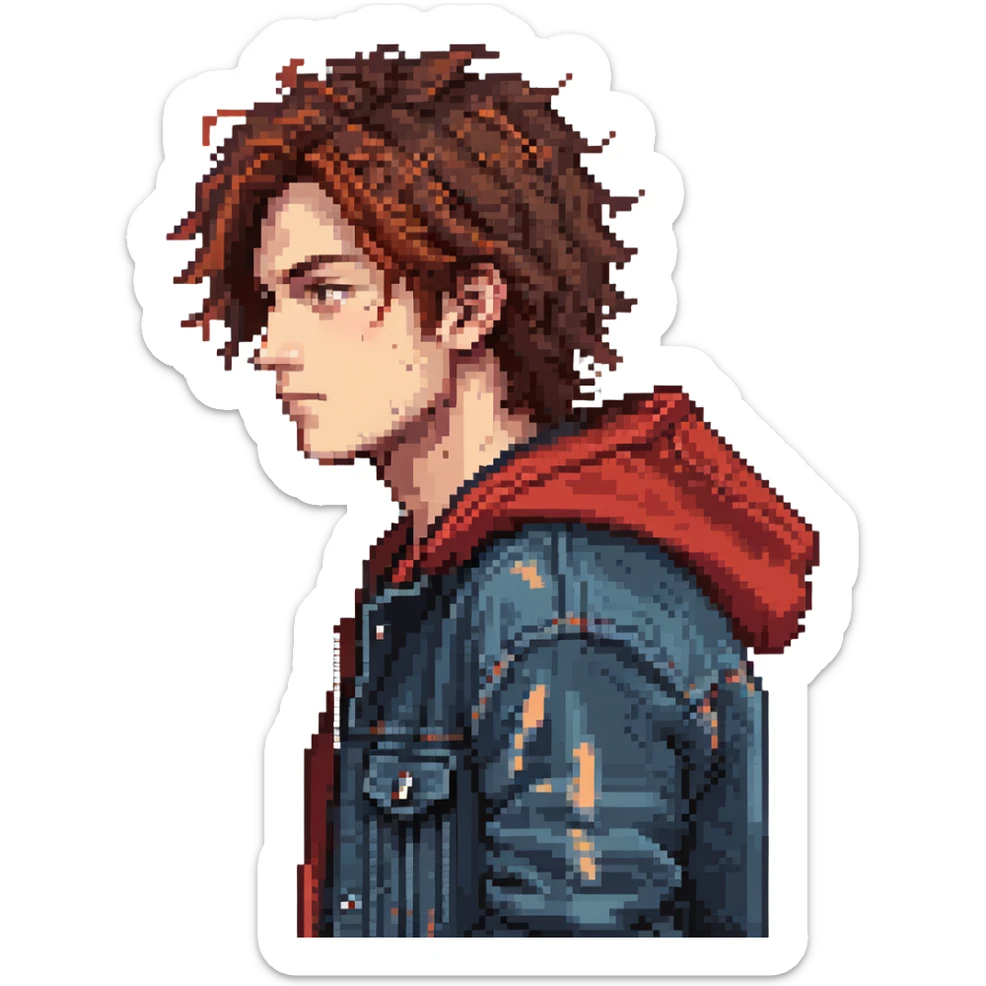 Pixel art character, young man with dark jacket, red hoodie, brown messy hair, jeans, scar on left eyebrow, confident face, retro arcade sprite style, side view sticker