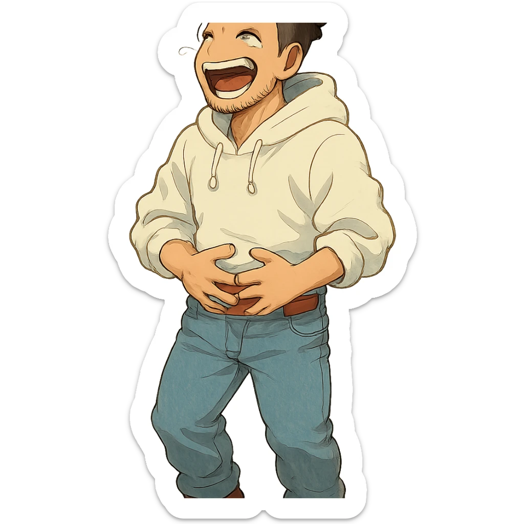 1 male, mid fade haircut dark chestnut brown curly hair, toasted lightskin, white hoodie sleeves up, fashion jeans, red fashion-sneakers shoes, red belt, short trimmed beard and goatee,  style of deku from "my hero academia", laaughing to the point of tears sticker