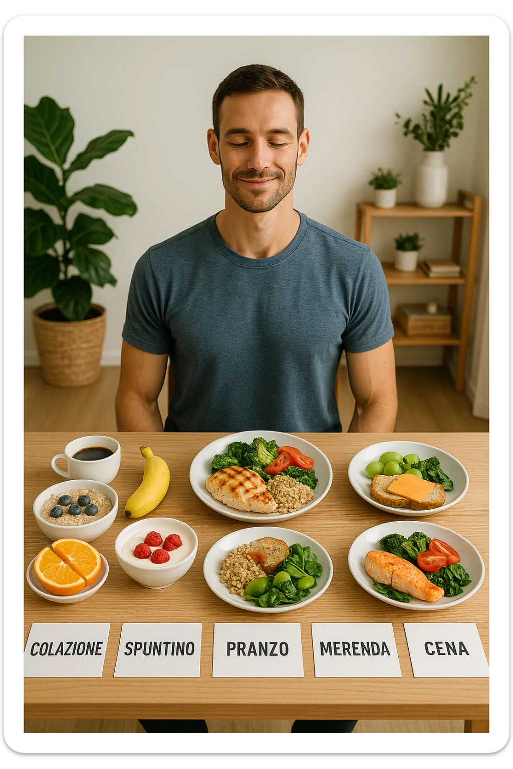 Uomo sereno con fisico sano e asciutto seduto davanti a un grande tavolo diviso in 5 sezioni, ognuna con un pasto bilanciato: colazione, spuntino, pranzo, merenda, cena. Ogni piatto ha porzioni equilibrate di proteine, carboidrati e grassi salutari. Ambiente ordinato, stile di vita sano, luce naturale, atmosfera di consapevolezza nutrizionale. in italiano sticker