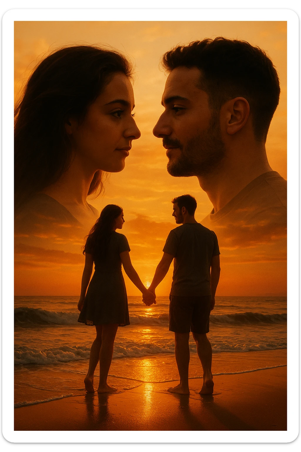 Una doppia esposizione cinematografica di noi di profilo, con un paesaggio di spiaggia al tramonto integrato nella silhouette.
La scena interna ci mostra entrambi camminare sulla sabbia bagnata, tenendoci per mano, con le onde del mare che si infrangono è facile e un cielo colorato dagli ultimi raggi di sole. Atmosfera calda e intima, toni dorati arancioni, dettagli fini ed espressivi, risoluzione 8K. sticker