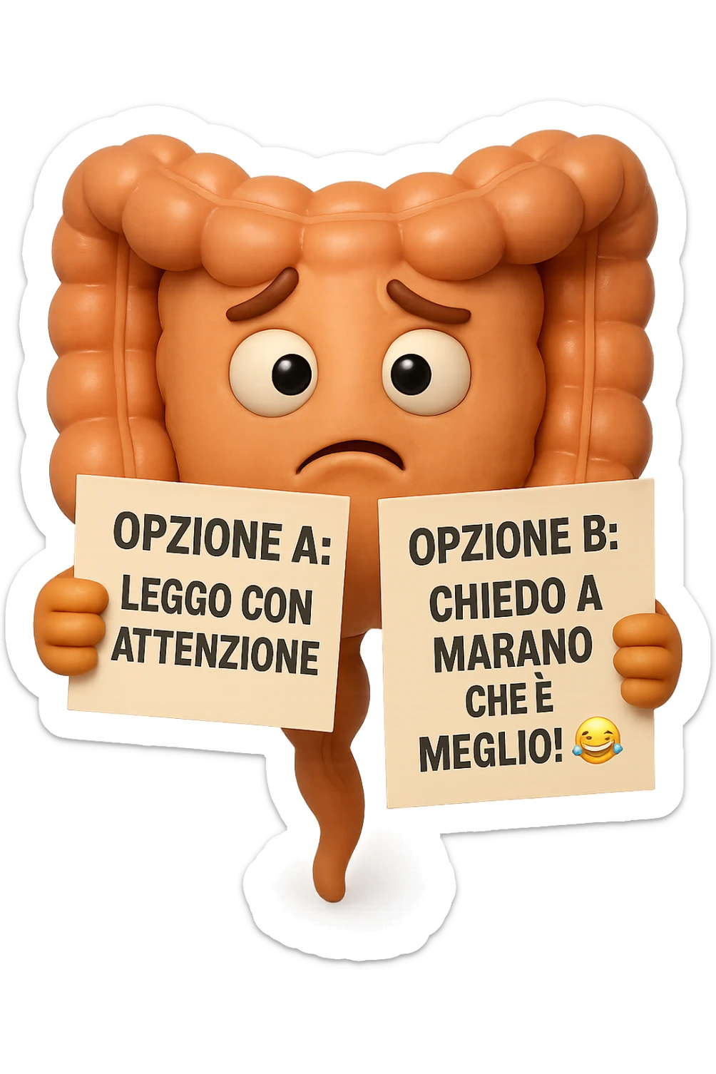 SU QUESTO STILE FAI UN EMOJI STILE IPHONE 3D DI UN INTESTINO CHE HA nella mano destra "OPZIONE A: LEGGO CON ATTENZIONE" E NELLA MANO SINISTRA" OPZIONE B: CHIEDO A MARANO CHE è MEGLIO! (METTICI UNO SMILE CON RISATE QUI)", FAGLI UN ESPRESSIONE CONFUSA MENTRE GUARDA L'OPZIONE A E FALLO MOLTO REALISTICO IN 3D sticker
