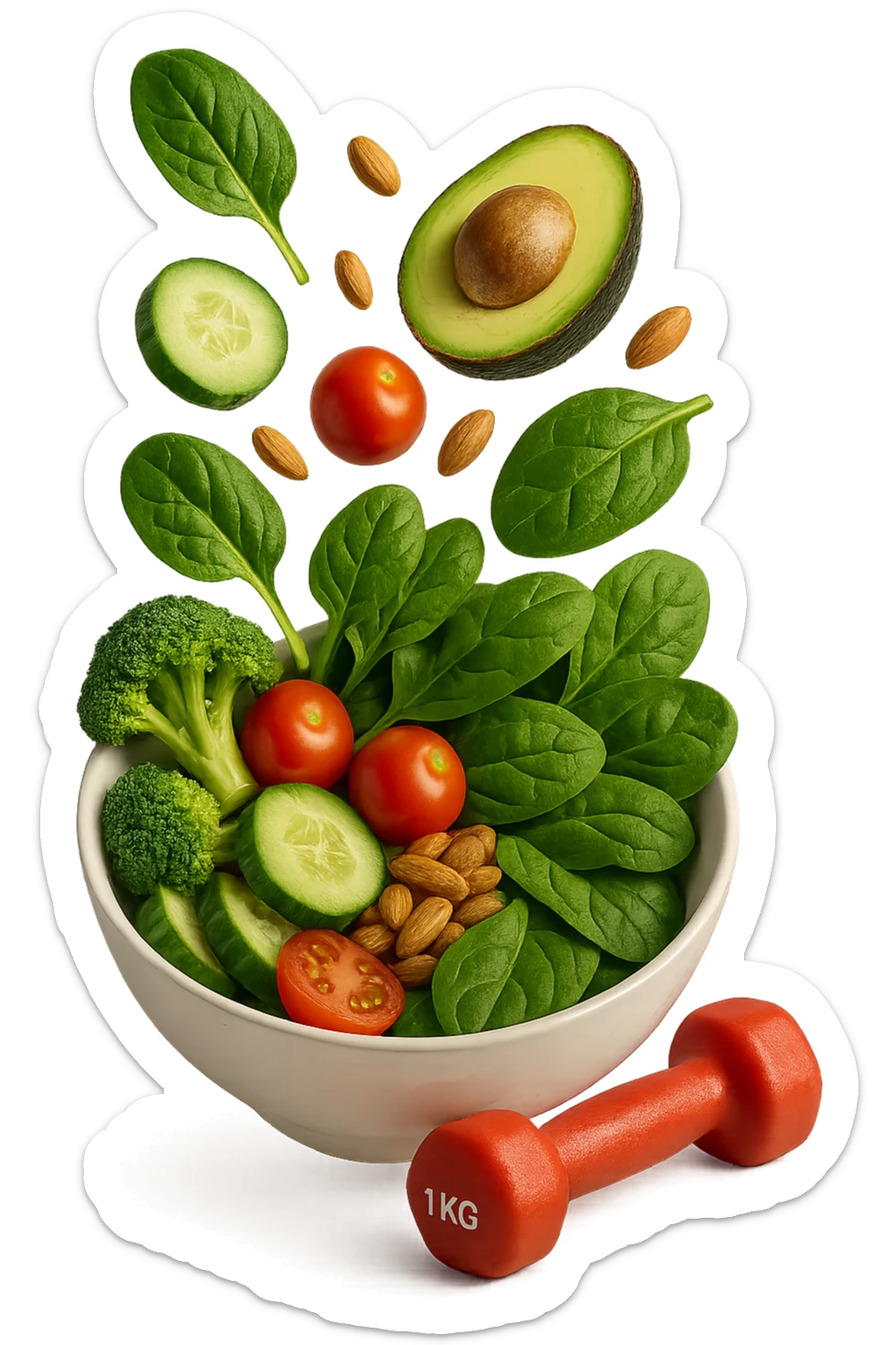 bowl bianca con cibo sano che cade dall'alto insieme a piccoli manubri da palestra in 3d, iperrealistica 4k sticker