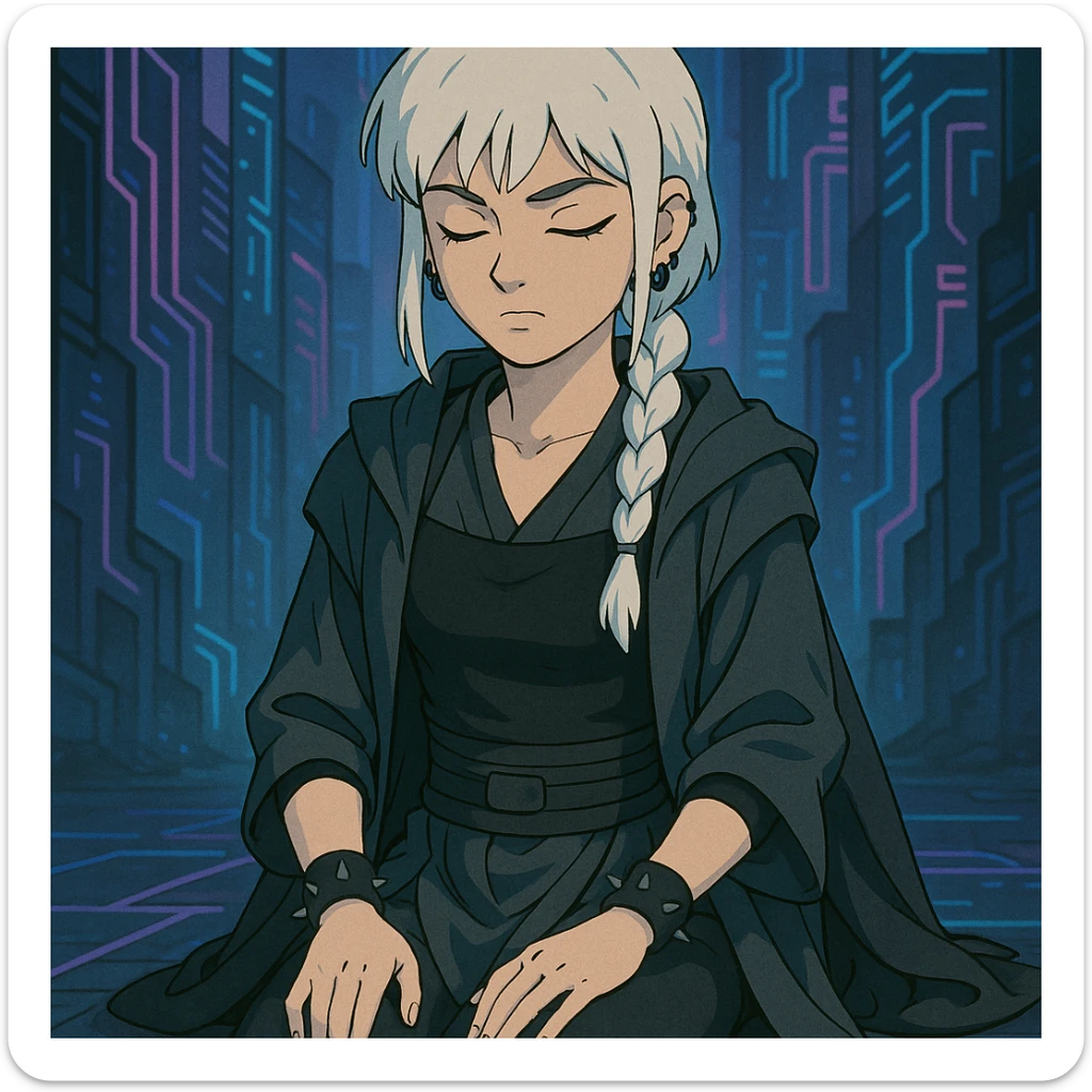  a closeup portrait of young woman with gold yellow eyes, white hair, long braid, black off-shoulder top, punk gothic style, futuristic cyberwave cyberpunk,  jedi attire, kneeling and gathering chi, jedi meditate, eyes closed hands at full rest sticker