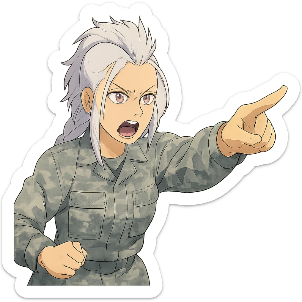Style of Anime, 1 female, gold yellow eyes, white hair lavender tips, locks in front, mohawk, long white braid, she is a drill sergeant at work, focused facial expression, shouting command, eyes looking down in front of her, pointing a blade hand gesture to the forward direction, uniform of gray large scale digital camo sticker