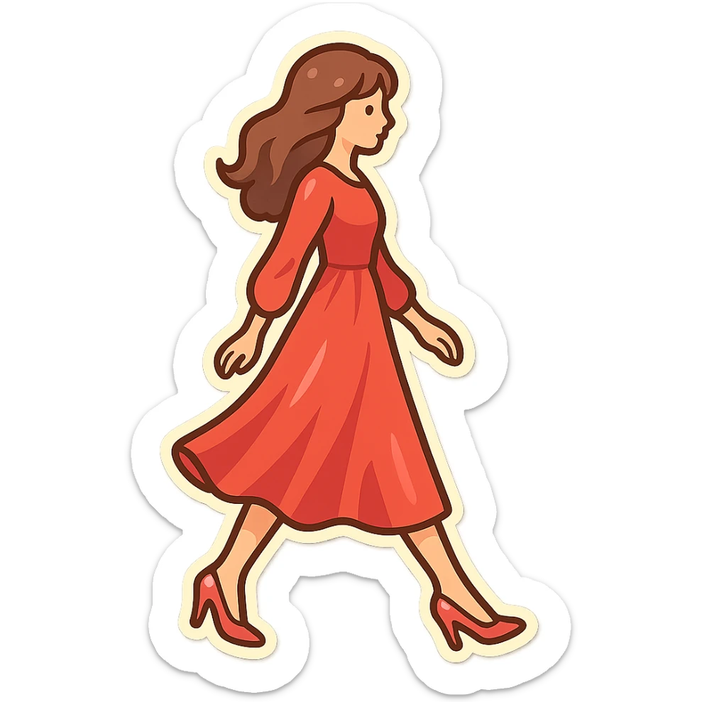A girl walking from left to right, side view, wearing a long red dress and high heels, retro-stickers style, thin clean contours, soft rounded shapes, detailed drawing with shadows and highlights, pastel palette #98B5BC, #B5B3C1, #C9A3C9, #E4C0CA, #F7DCD1, #F7C0AA, modern Japanese pop art, soft lighting, transparent background, no extra decoration, focus on movement and elegance. sticker