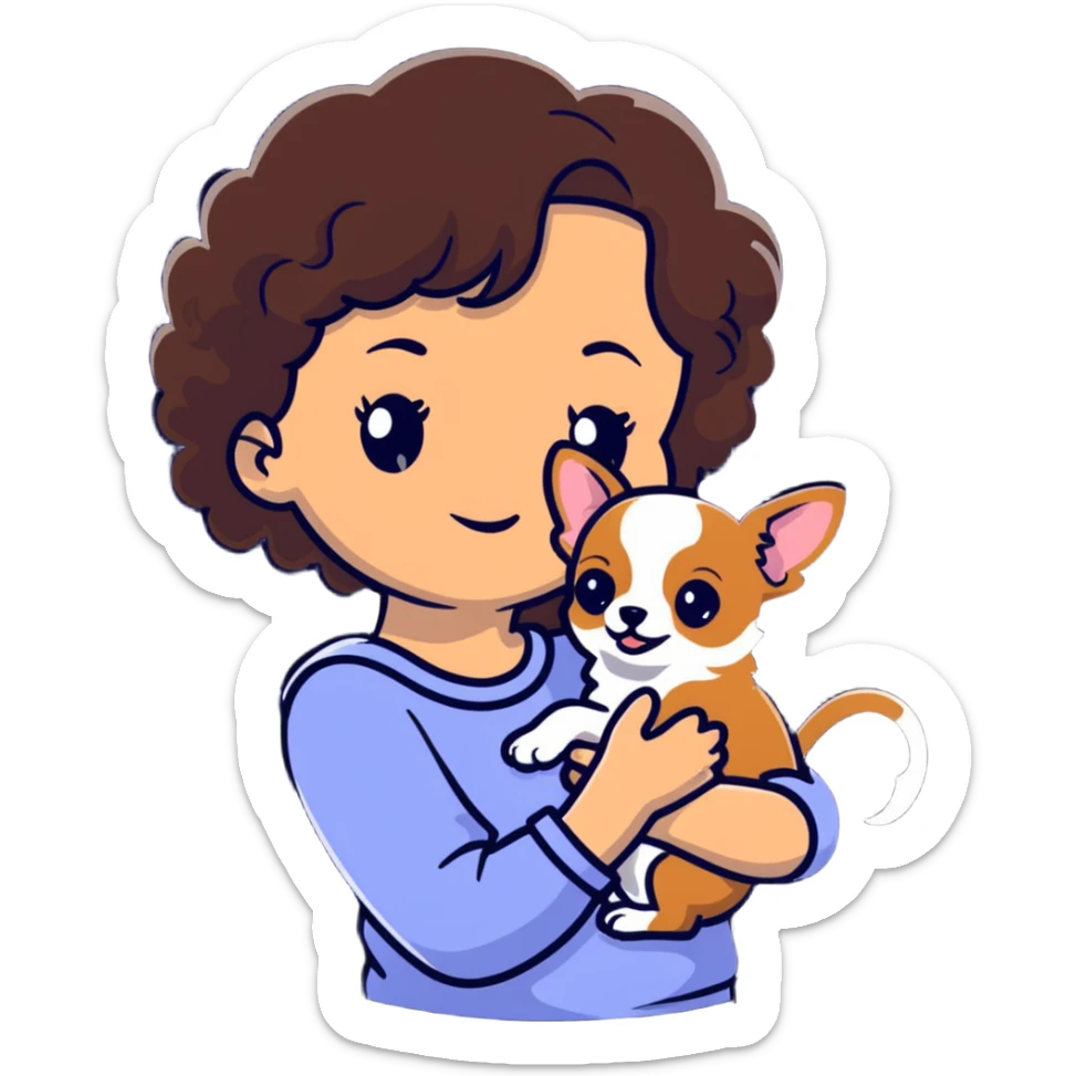 white girl with curly brown hair holding a chihuahua puppy sticker
