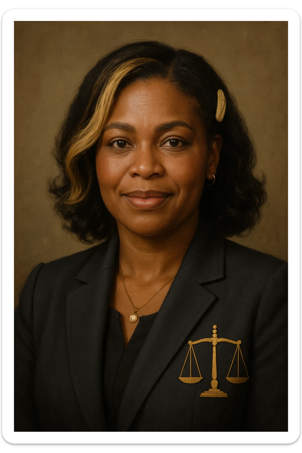 Portrait of a Black female lawyer with blonde highlights and brunette hair, dark blazer, empathetic and confident expression. Direct gaze and subtle smile. Stylized justice scale on the blazer or background. Maternal detail: discreet hair accessory or pendant. sticker