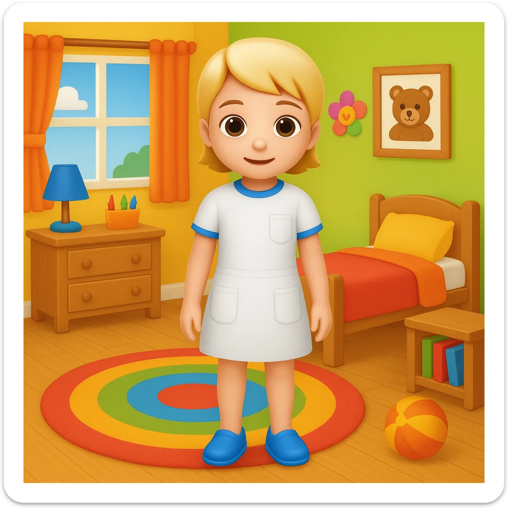 Add a colorful bedroom background with bright walls, playful decorations, and a cozy rug. Keep the room tidy and inviting in emoji style sticker