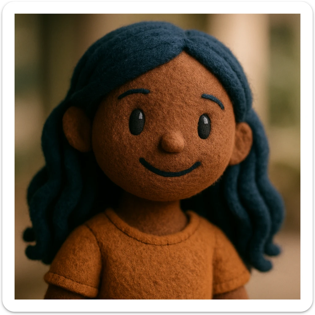 portrait of a dark skinned girl with long wavy blue hair, smiling warmly, friendly and inviting sticker