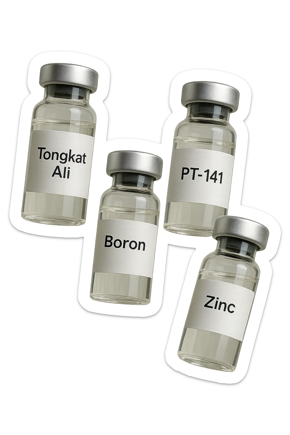 3 fiale mediche: Tongkat Ali, Fadogia Agrestis, PT-141, Boron e Zinco fluttuano in aria verticalmente sticker