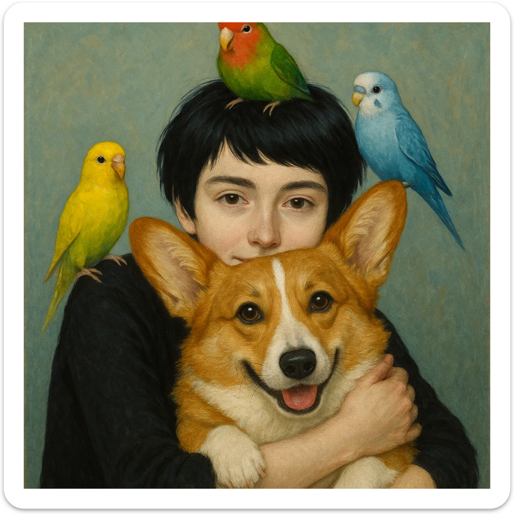Dark short hair, dark brown eyes with pale skin and thin eyebrows girl hugging a welsh corgi. And a green-reddish lovebird on her head with yellow, blue love birds around her. sticker
