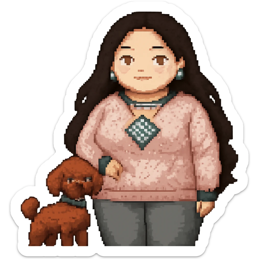 Make the woman's hair much darker and longer, reaching waist length, and increase her weight for a fuller figure, in pixel art style, with no background. sticker