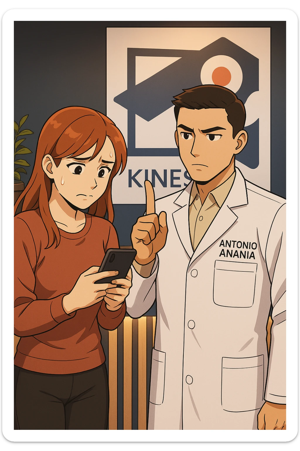 su questo stile fai un manga/webtoon a colori in cui una donna CONTROLLA LO SMARTPHONE MENTRE PARLA CON L'UOMO, l'uomo della foto in stile manga LE DICE DI "NO" CON IL DITO, mantieni un ambiente simile alla foto che ho allegato con il suo logo (sarebbe il suo studio, lui è un kinesiologo), scrivigli "ANTONIO ANANIA" sul camice bianco, non mettere fumetti, ma fai in modo che sembri che la donna CONTROLLI LO SMARTPHONE E L'UOMO CON I GESTI LE FACCIA CAPIRE CHE STA SBAGLIANDO sticker