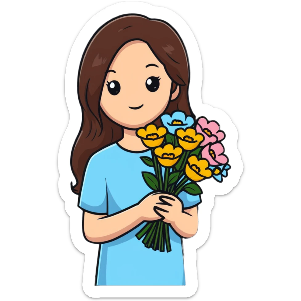 A cool girl with long brown hair and fair skin holding a bouquet of flowers sticker