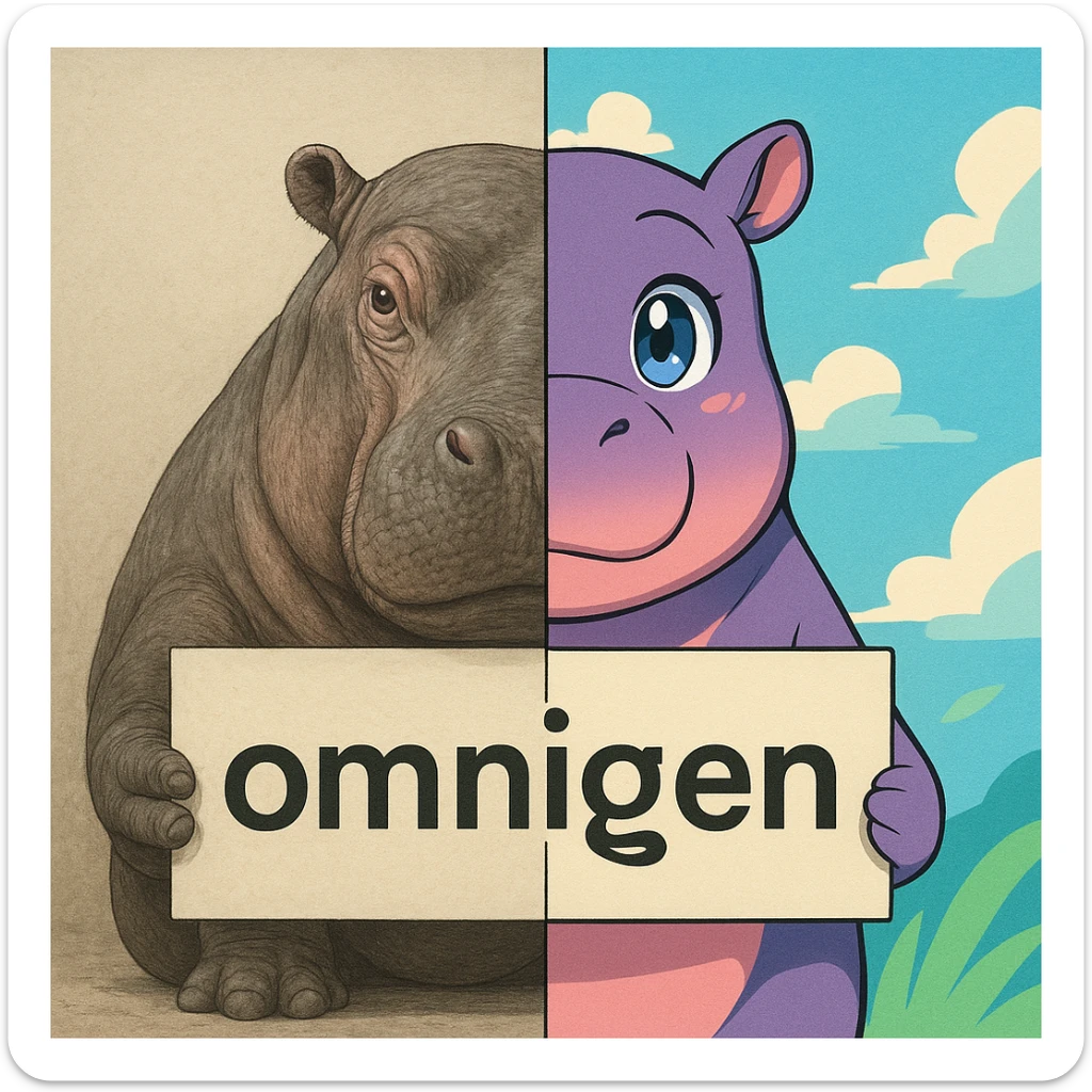 two hippo holding sign of omnigen, half picture 1 hippo is realistic another half is the anime of that same second hippo, with before after mark sticker