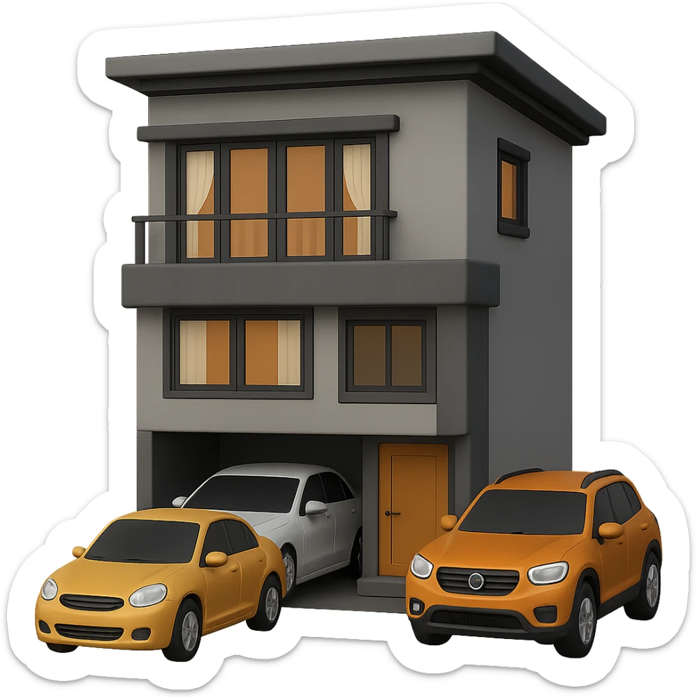 Add two realistic 3D emoji-style cars parked in front of the house. Keep the style and colors consistent with the house. The background should be transparent. The style to emulate is 3D emoji style. sticker