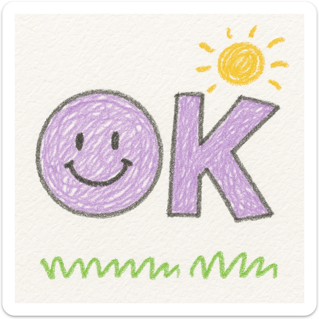 cartoon style 'OK' emoji with the 'O' as a lilac circle featuring a simple smiling face with two black eyes and a curved black smile, and the 'K' as bold lilac, blocky, slightly tilted right. Hand-drawn, chalk texture, pastel colors on a dark background sticker