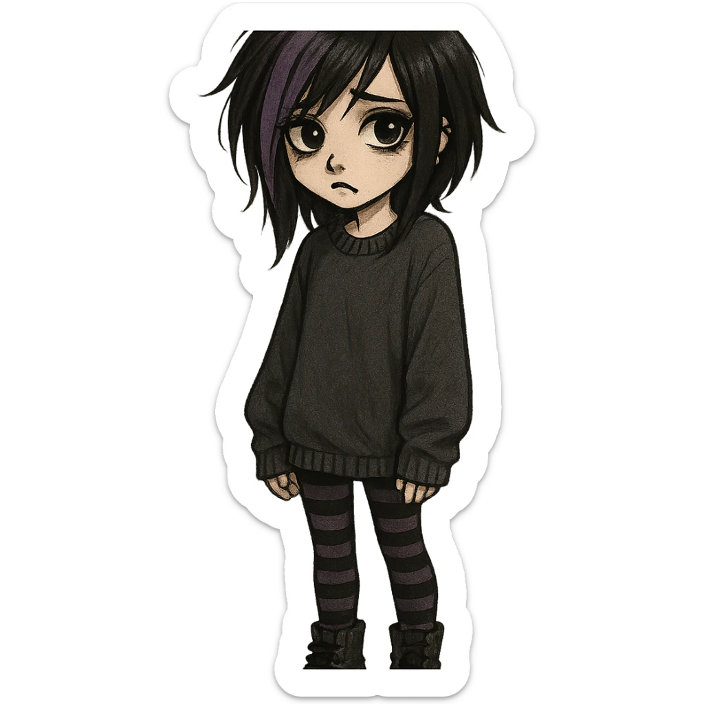 emo girl with oversized sweater, striped tights, purple hair streaks, expressive eyes sticker