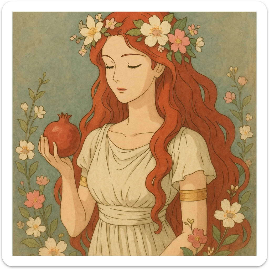 Persephone with red hair, inspired by Greek mythology, elegant and ethereal, floral accents, goddess-like presence sticker