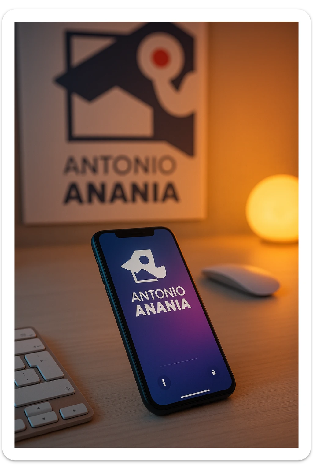 A photo of an iPhone on the desk with the message "Antonio Anania" on its screen, The phone sits atop a desk with a blurred with the logo in the background that suggests work environment. A faint glow from above casts gentle shadows across the surface of each object, creating depth and highlighting their textures sticker