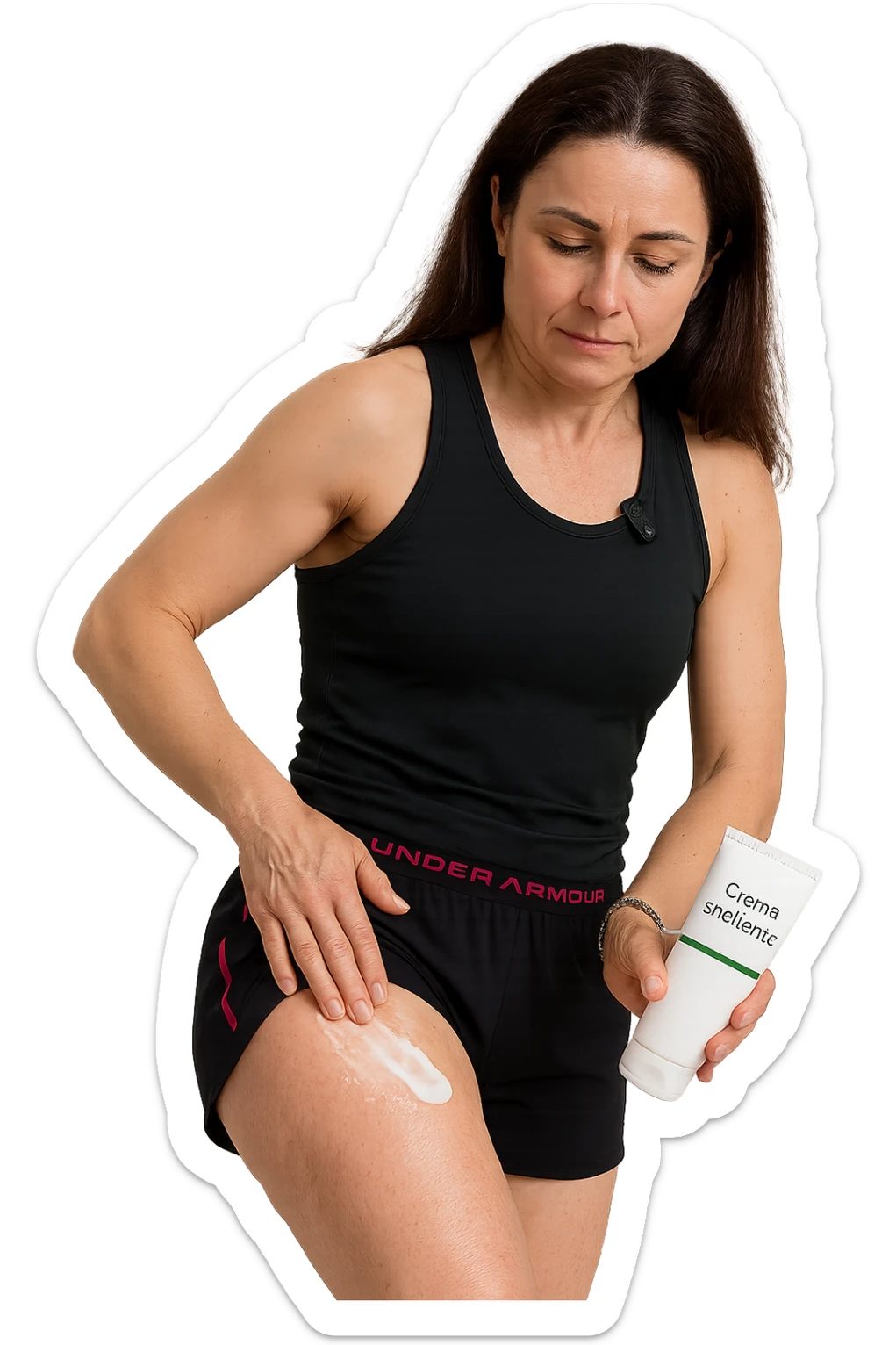 Donna con cellulite sulle cosce che usa una crema chiamata "Crema snellente" senza mano in alto sticker